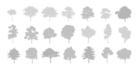 Collection of diverse grey tree silhouettes isolated on a clean white background for design