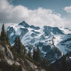 Mountain landscape of snow-capped mountains in the mist.
