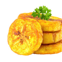Stack of fried, golden-brown plantain slices with a sprig of green herb garnish