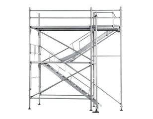 Elevated metallic construction. Features horizontal platforms, railings, and integrated stairs on black backdrop