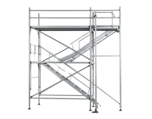 Elevated metallic construction. Features horizontal platforms, railings, and integrated stairs on black backdrop