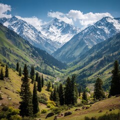 Mountain landscape of snow-capped mountains in the mist.
