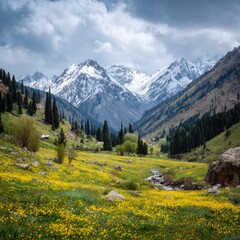 Mountain landscape of snow-capped mountains in the mist.
