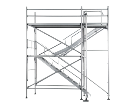 Elevated metallic construction. Features horizontal platforms, railings, and integrated stairs on black backdrop