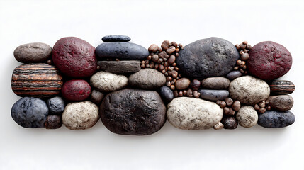Arranged colorful river stones and pebbles on white for a natural background