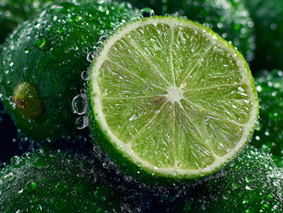 a close-up of lime slices with water droplets on them, placed on a dark surface. The limes appear fresh and juicy, with vibrant green coloration and a detailed texture visible.