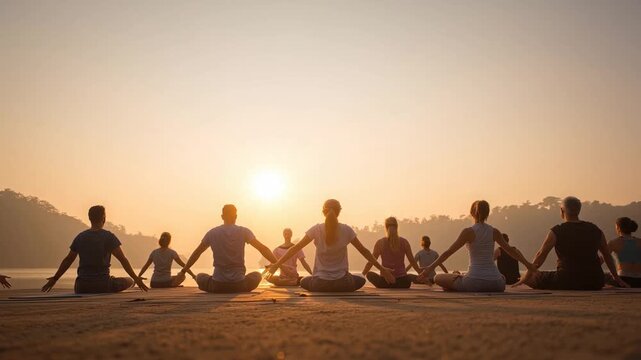 Group practicing meditation and yoga outdoors at sunset promoting wellness balance harmony and calmness through breathing posture and mindfulness exercises in a peaceful park retreat environment
