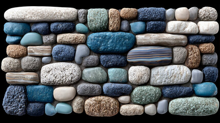 Arranged colorful smooth river stones on black, for texture or wallpaper