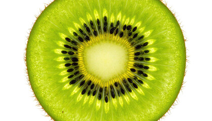 Close-up macro view of a kiwi slice showcasing vibrant green flesh & black seeds
