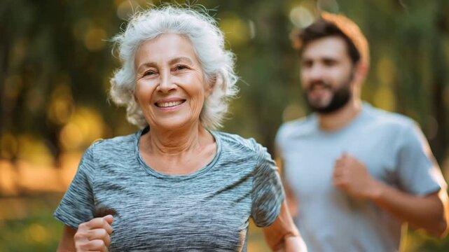 Elderly grandmother jogging with grandson in park sharing joy vitality and wellness multigenerational friendship retirement fitness outdoor exercise active lifestyle path