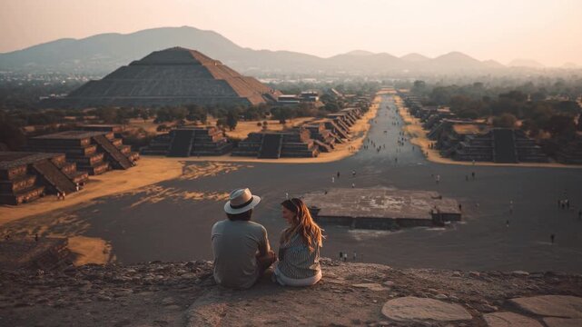 Couple sitting together at iconic mexican pyramid in Yucatan Mexico, enjoying panoramic sunrise view of ancient aztec temple ruin, unesco heritage archaeological site with majestic stone architecture