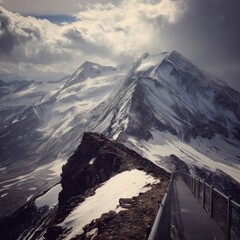 Mountain landscape of snow-capped mountains in the mist.
