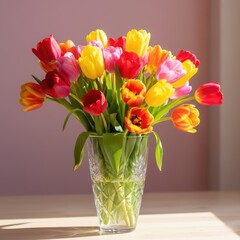 Bright bouquet of colorful tulips in glass vase under sunlight, concept of spring, freshness and floral home decor