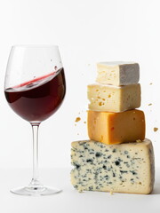 Glass of red wine with stack of assorted cheeses on white background, concept of gourmet tasting, luxury lifestyle and culinary design