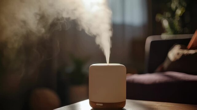 Ultrasonic aromatherapy diffuser showcasing sleek design and mist flow blurred soft furnishings in background emphasizing tranquil home environment.