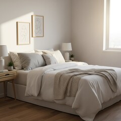 Cozy minimalist bedroom interior with neutral tones, sunlight, and modern decor, concept of comfort and serene home design
