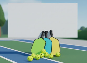Colorful pickleball paddles and balls on outdoor court with blank white banner, concept of modern sport and active lifestyle