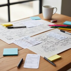UX design wireframes and mobile app prototype sketches on desk, creative process for user interface and digital development