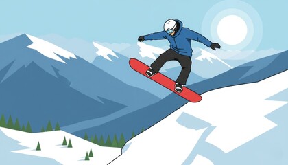 Snowboarder jumping on snowy mountain slope, winter sports and adventure illustration