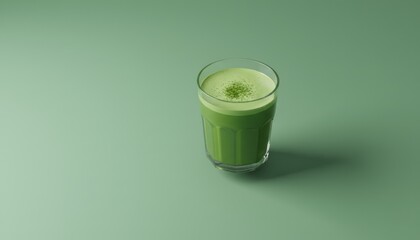 Glass of matcha green tea on green background, minimal healthy drink concept