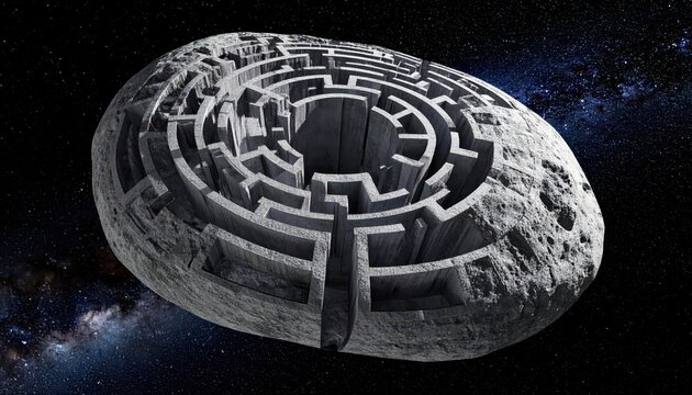 Complex three-dimensional conceptual illustration showcases a spherical structure resembling a rugged asteroid or celestial body. - Powered by Adobe