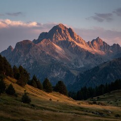 Mountain landscape of snow-capped mountains in the mist.
