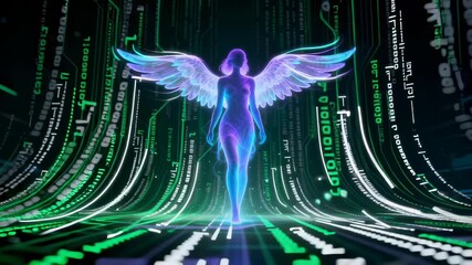 Seamless loop animation of luminescent female hologram with glowing wings emerging from green digital matrix, transforming against technological background in blue and purple tones - Powered by Adobe