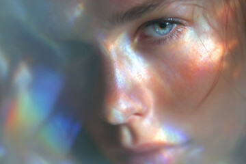 Young woman's face with rainbow light reflections and intense blue eyes