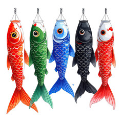 Five vibrantly colored koi fish wind socks hang against a stark black background