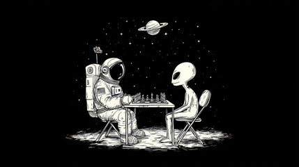 Astronaut and alien play chess in space, stars and Saturn above. B&W illustration