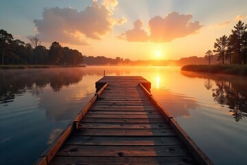 Obraz premium Golden Sunrise over Calm Water A Sturdy Wooden Hunting Dock Perfect for Peaceful Waterfowl Hunting