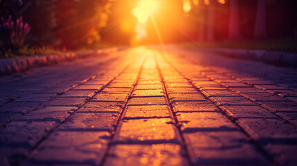 A stunning low-angle perspective of a cobblestone path bathed in the warm, dramatic glow of a setting sun, creating long shadows and an inviting, ethereal atmosphere as the golden light extends into t