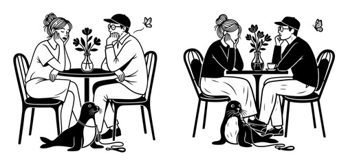 Vector art of couple with a seal on a date in black and white line art illustration