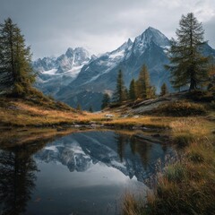Mountain landscape of snow-capped mountains in the mist.
