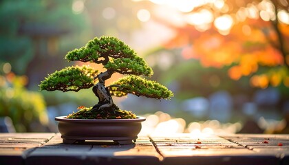 Miniature bonsai tree in pot, bathed in golden sunlight