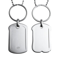 Two silver military-style dog tags with chain necklaces, front and back views, on a dark background