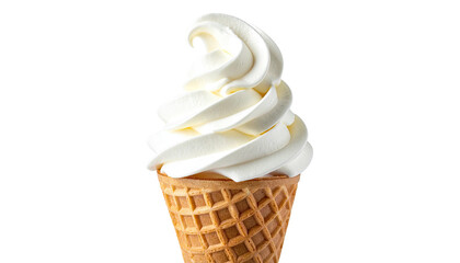 A swirled soft-serve ice cream cone with a waffle cone base. Pure white on black bg