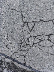 Close up of weathered asphalt pavement with severe spider web cracks texture