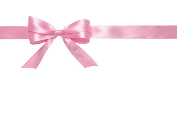 Pink satin ribbon tied horizontally into a neat bow isolated on white background. Ideal for gift wrapping, wedding, valentines, ecommerce and holiday design.