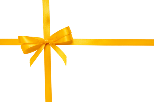 Satin yellow bow and ribbon wrapping from top to bottom. Isolated on white background. Suitable for gift wrapping concepts and design mockups.