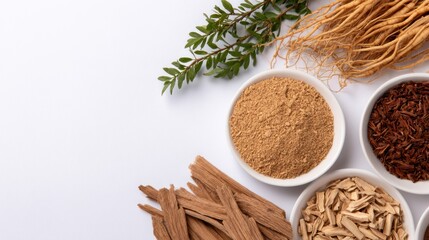 Collection of various herbal ingredients and spices arranged in bowls against a clean white background