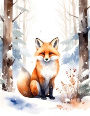 Watercolor fox in a snowy forest