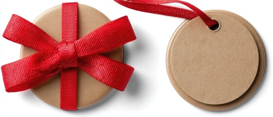 A blank round tag featuring a bright red ribbon is placed on a flat surface, ideal for personalizing gifts or decorations