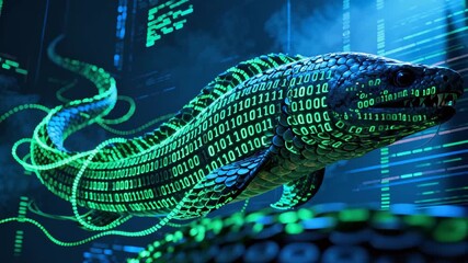 Futuristic digital snake with binary code texture swimming through blue-green technological background. Serpent composed of digital binary numbers, glowing green and blue color palette