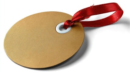 A blank round tag featuring a bright red ribbon is placed on a flat surface, ideal for personalizing gifts or decorations