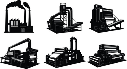 Industrial factory illustration, manufacturing machines, conveyor systems, rollers, processing equipment, black and white sketch, engineering, production, machinery, factory design