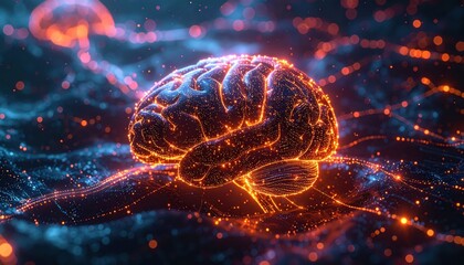 Glowing, stylized illustration featuring a brain with interconnected light trails and sparkling particles, radiating warmth and energy, presented against a dark backdrop with blurred blue hues,...