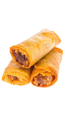Three golden-brown, deep-fried rolls, stacked, showcasing a savory filling