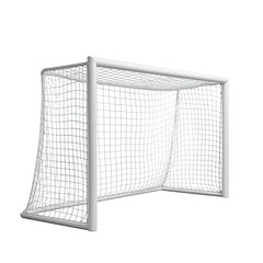 A soccer goal rendered on a black background, showing the net and white frame