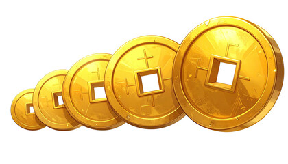 A line of golden coins with square holes, angled on a black background, lit from the right